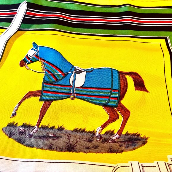 Hermes Paris 70's Scarf Yellow Silk Horses Couvertures Et Tenues De Jour New Box - Picture 7 of 16